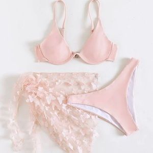 3 piece Underwire bikini with butterfly sarong (light pink)